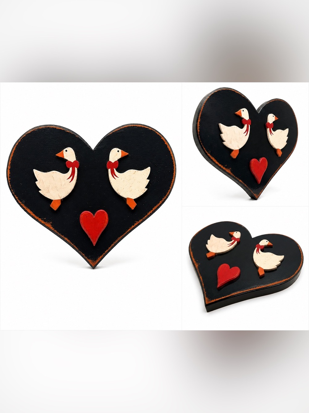 Handcrafted Heart Plaque with Folk Art Ducks